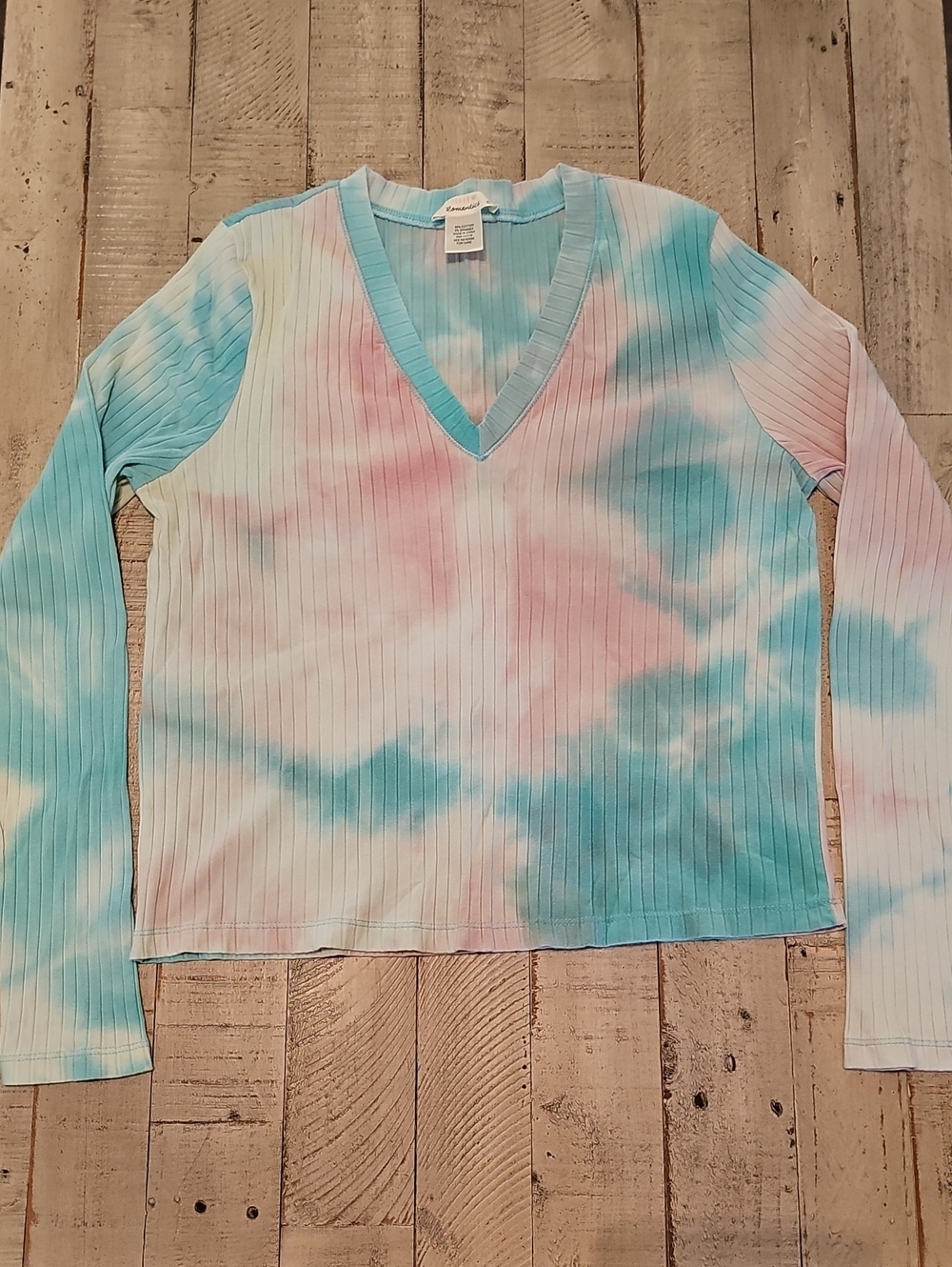 URBAN Romantics Pastel Tie-Dye Ribbed V-Neck Top - Blue, Pink & Cream